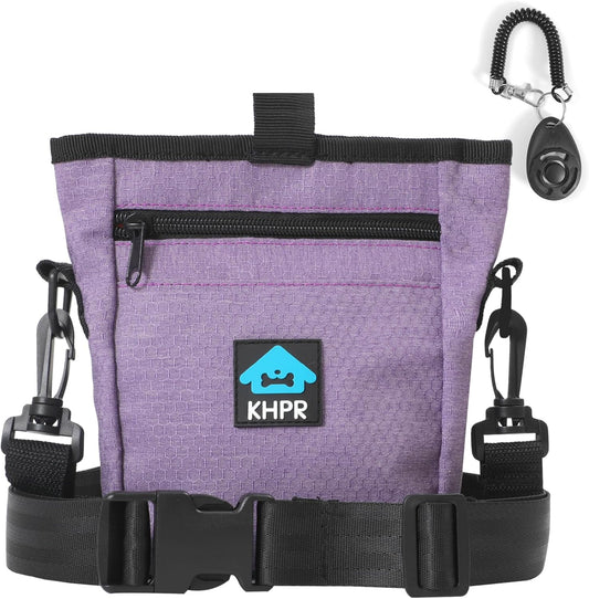 Dog Treat Pouch Magnetic Closure with Training Clicker，Hands-Free Design to Prevent Spills，Built in Poop Bag Dispenser，3 Ways To Wear，Metal Clip Waist Belt and Fanny Pack for Pet Walking（Purple）
