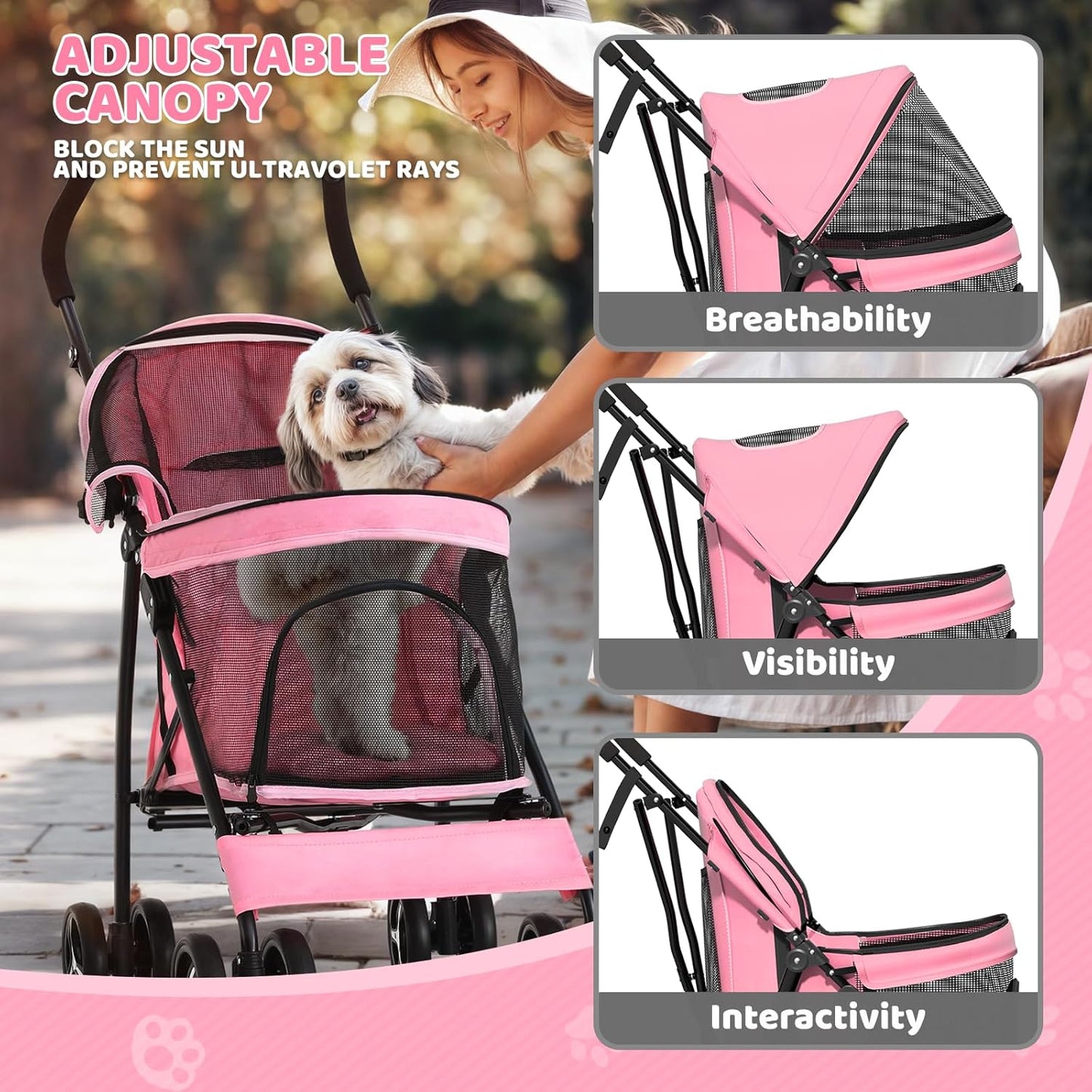 Magshion Compact Pet Stroller for Small-Medium Dogs/Cats up to 22lbs, 4-Wheel Lightweight Umbrella Shaped Portable Puppy Travel Jogger with Breathable Mesh & Rear Storage, Pink