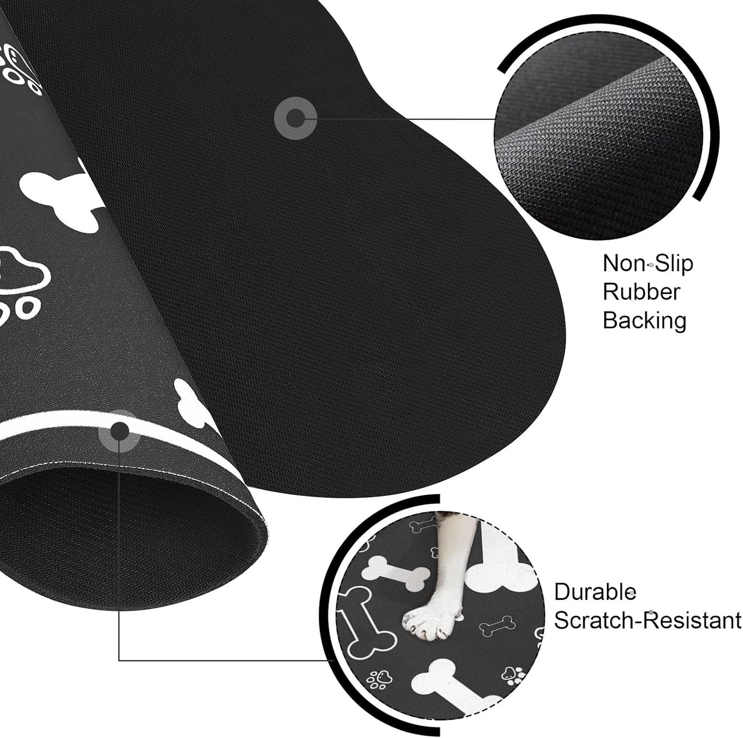 Dog Cat Food Mat,Rapid AbsorbentPet Feeding Mat, Bone Shaped Dog Placemat Water Bowl Mat with Rubber Backing,No Stains Dog Cat Food Mats Indoor, Pet Accessories Supplies 12""x18"" Black