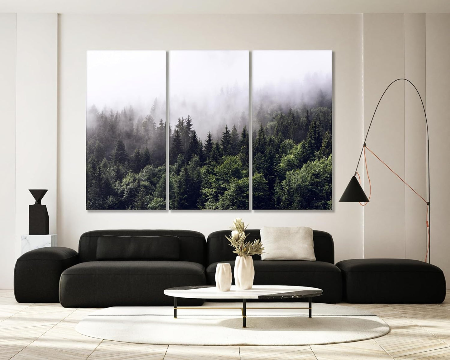 Nature Wall Art Prints - Ocean Forest Mountain Lake Canvas Landscapes - Small to Extra Large Living Room Bedroom Kitchen Bathroom Décor (Foggy Pine Forest, 35L" x 53W" - 3 Panels)