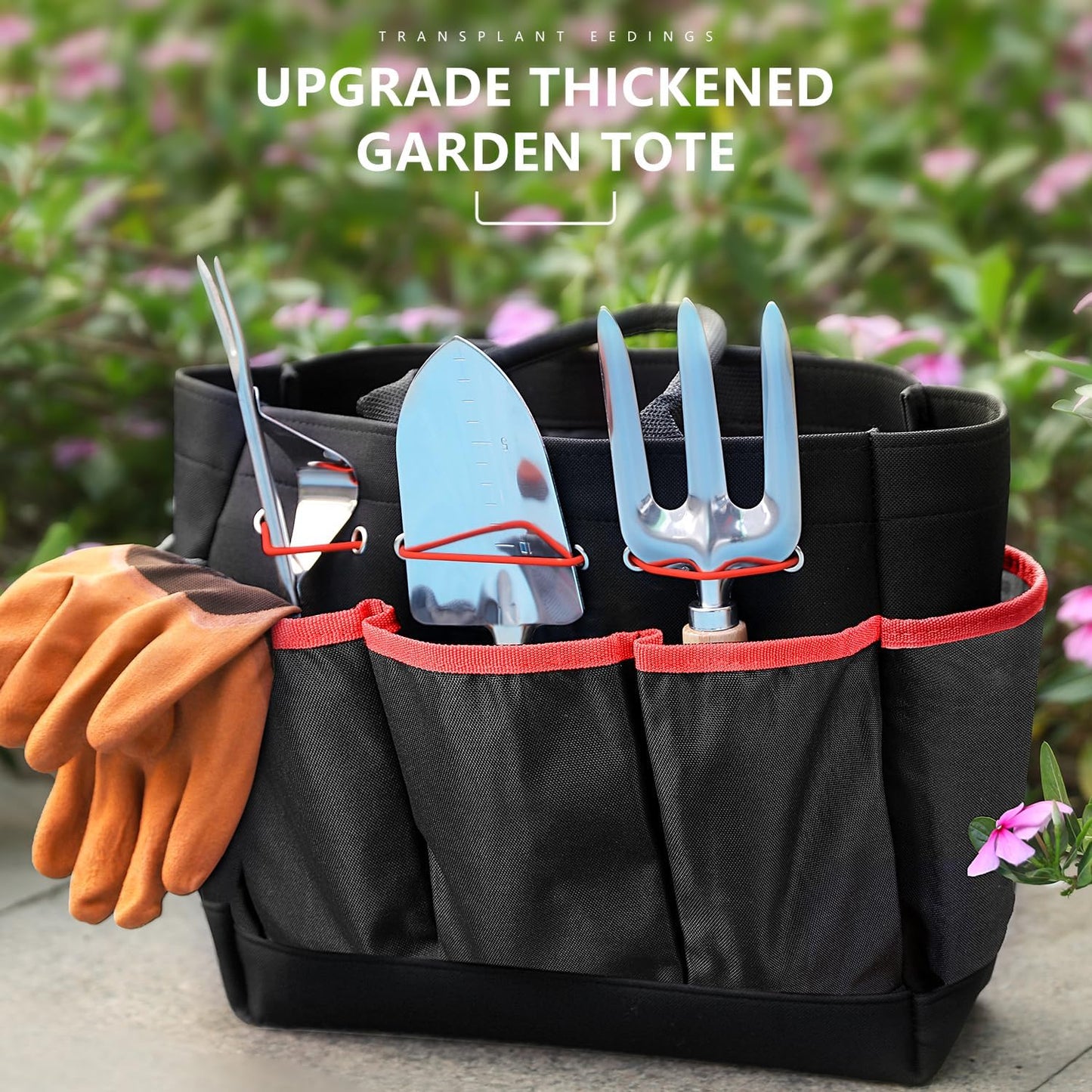 Garden Tools 9-Piece Heavy Duty Gardening Hand Tools with Fashion and Durable Garden Tools Organizer Handbag, Rust-Proof Garden Tools Set, Ideal Gardening Gifts for Women (Black Red)