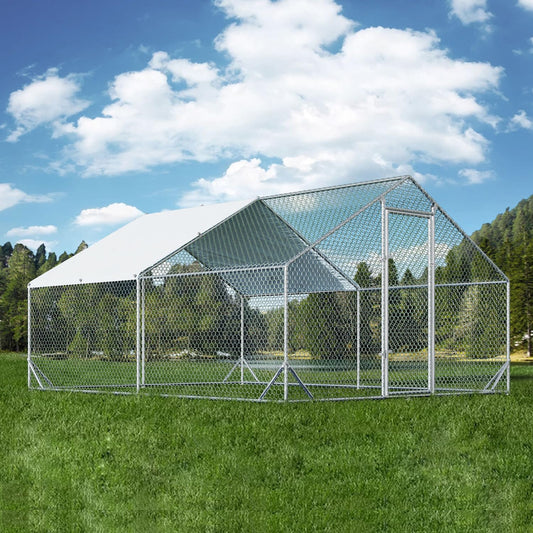 4ever2buy Large Metal Chicken Coop with Run Walk-in Poultry Cage Chicken Runs House Pen Cage Spire Roofed Chicken Coops with Anti-Ultraviolet Cover for Outdoor Yard Farm Use 9.8’L x 13.1’W x 6.4’H