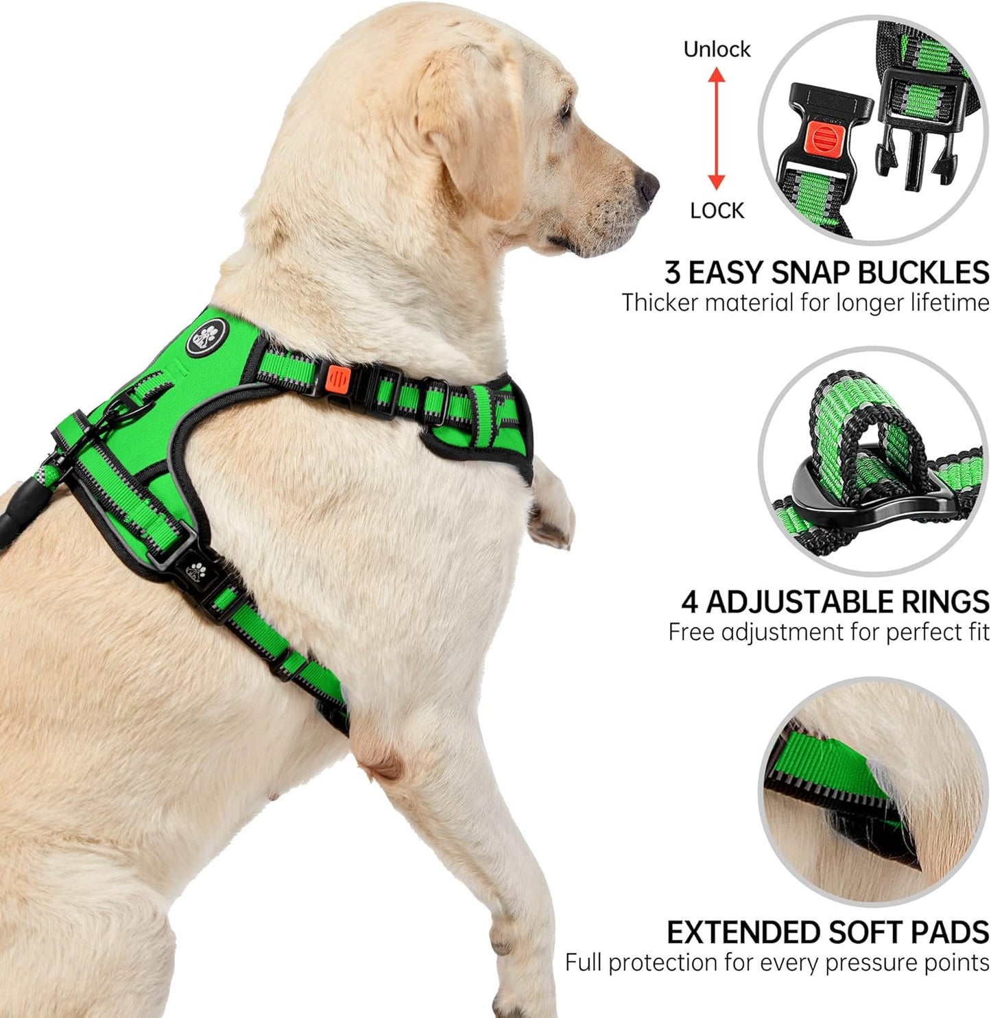 NESTROAD No Pull Dog Harness,Adjustable Oxford Dog Vest Harness with Leash,Reflective No-Choke Pet Harness with Easy Control Soft Handle for Large Dogs(Large,FluorescentGreen)