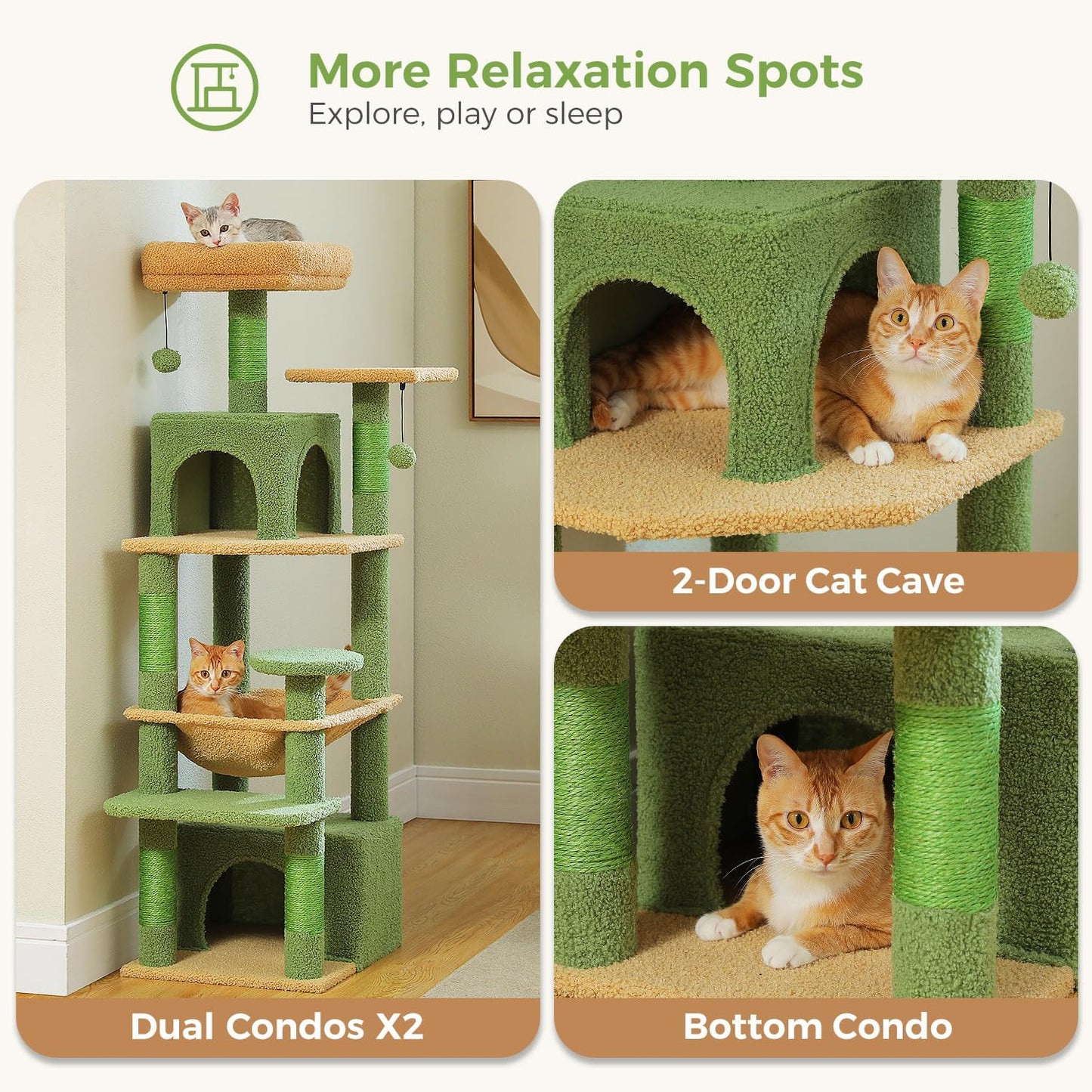 PAWZ Road Cat Tree, 53.5 Inches Tall Cat Tower with Spacious Hammocks, Condos and Scratching Posts, Cat House with Dual Padded Perches for Indoor Large Cats-Green