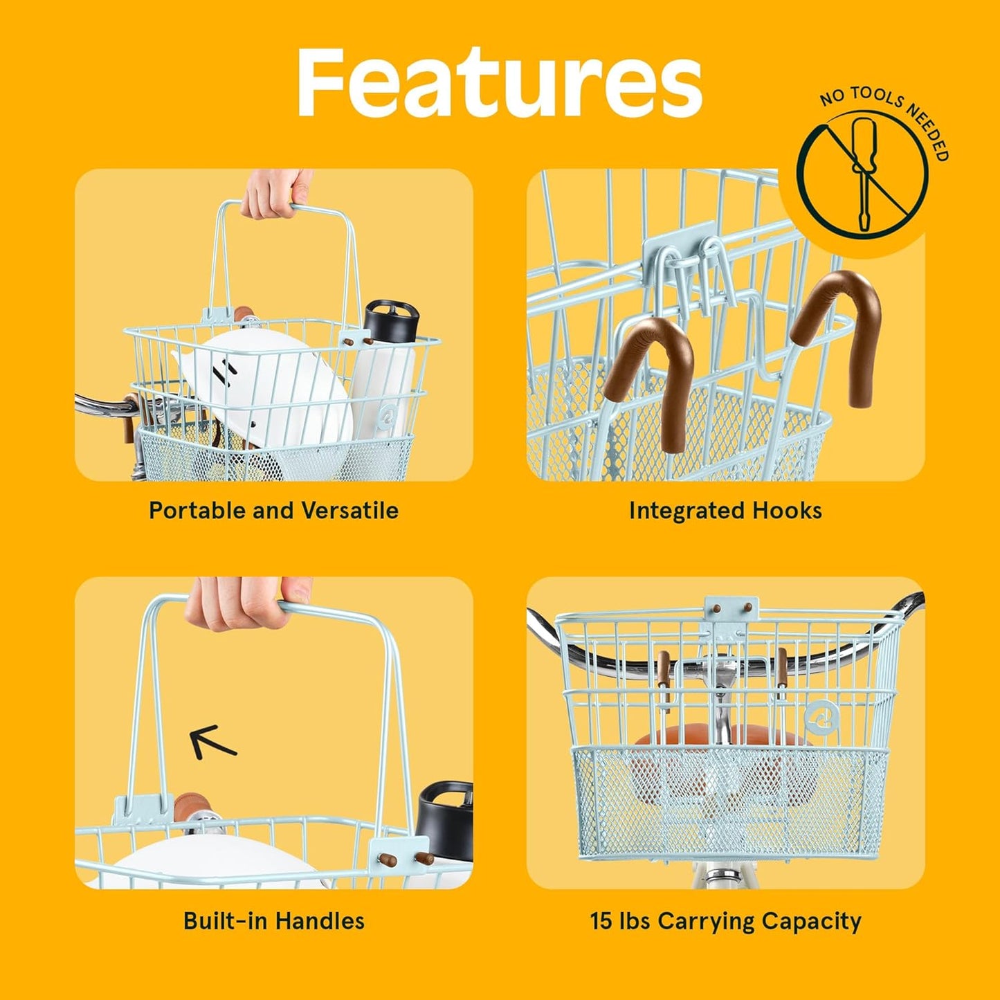 Retrospec Apollo Detachable Front Bike Basket Steel Half-Mesh with Integrated Detachable Hooks and Built-In Handle, Easy Assembly and Portability for Bicycles