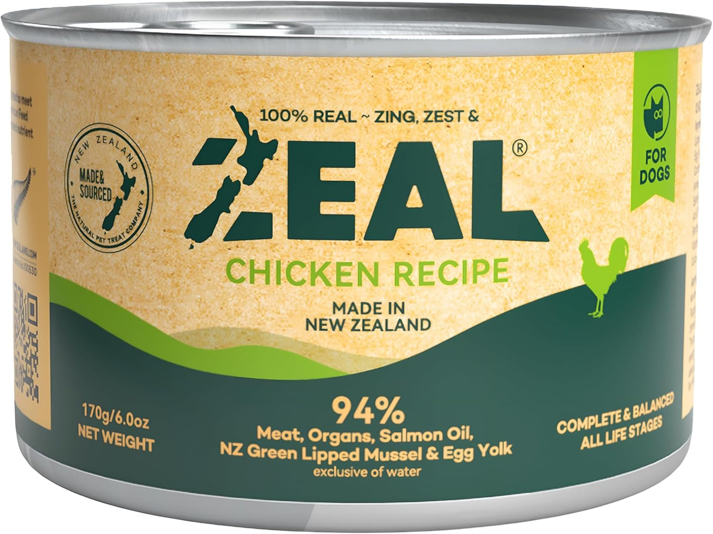 ZEAL New Zealand Canned Wet Dog Food – High Protein, Pure Nutrition, Grain-Free with Superfoods (Chicken, 6oz Can, 12-Pack Tray)