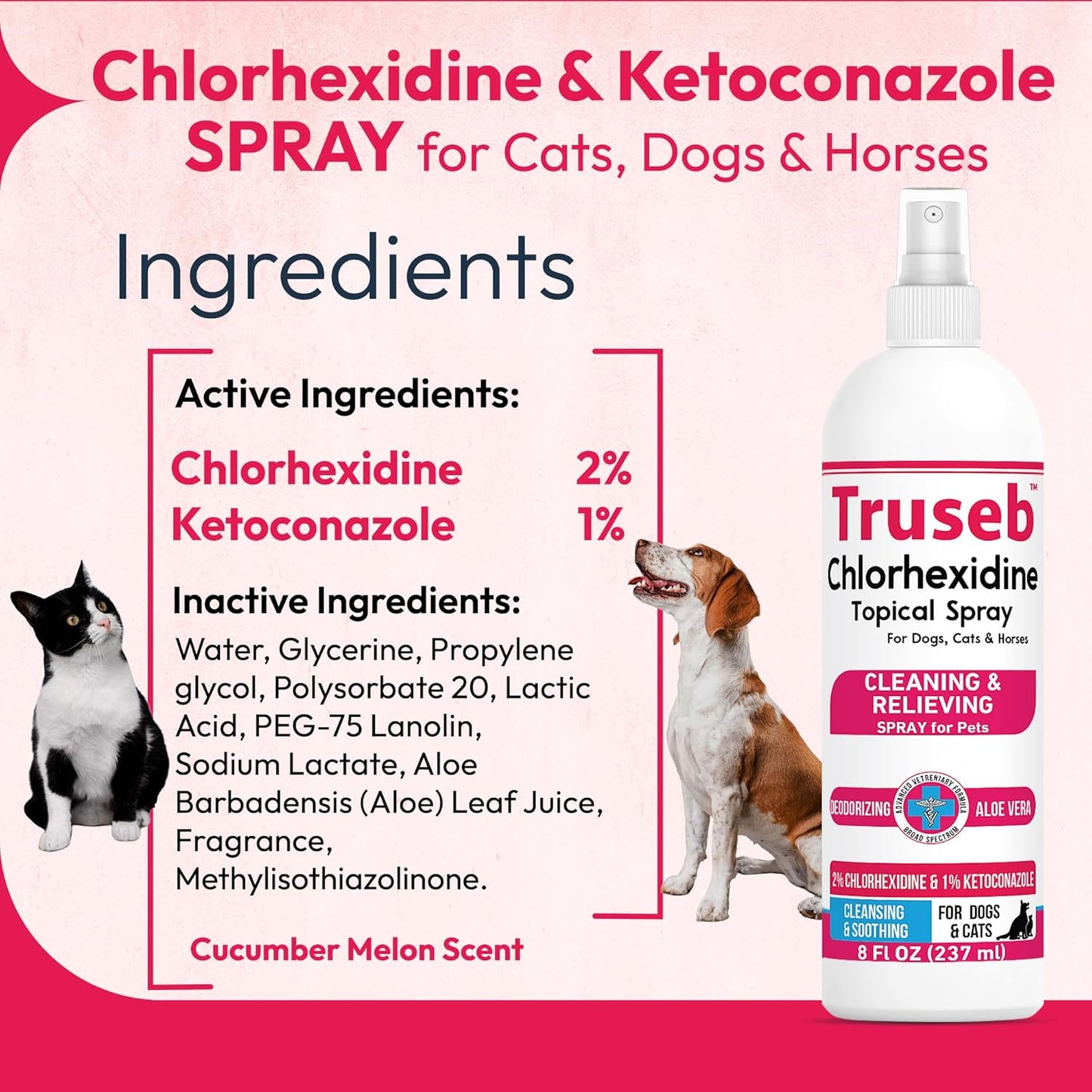 Truseb Topical Ketoconazole and Chlorhexidine Spray for Dogs, Cats, and Horses with Essential Fatty Acids, Aloe and Vitamin E- 16 oz (Ketoconazole & Chlorhexidine Spray, 16 oz)