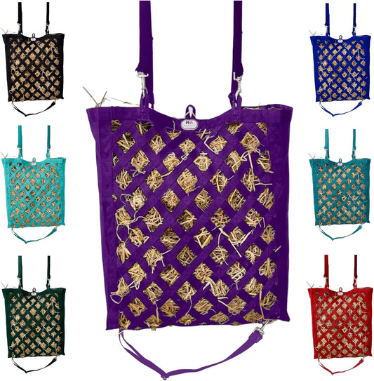 Majestic Ally Premium Nylon Hay Bag for Horses and Livestock, Simulates Grazing, Slow Feeding, Heavy-Duty PP Webbing,Quick-Adjust Straps, Small Hole for Digestion, Multiple Colors (Purple)