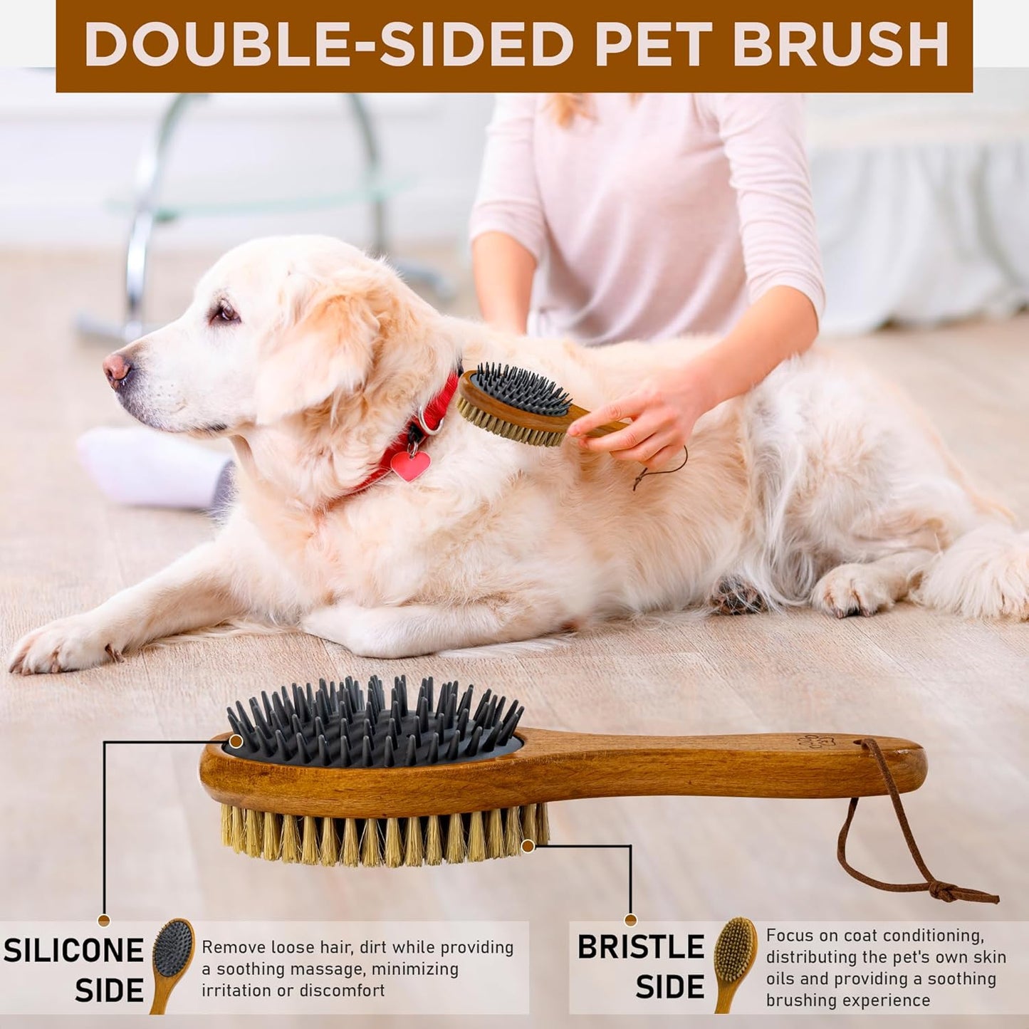 TAKAVU Short Hair Dog & Cat Deshedding Brush - Double Sided Grooming Tool with Silicone Massage & Bristle Sides - Removes Loose Fur & Dirt - Wood Handle