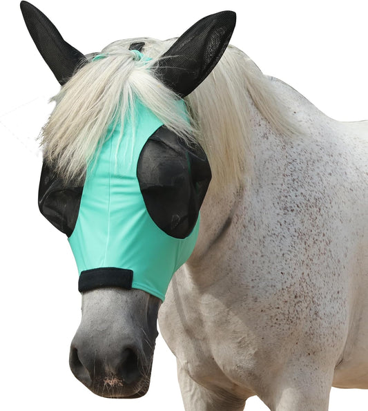 Horse Fly Mask with Ears - Large Eye Space for Full Vision, Breathable Stretch Comfort Fit, UV Protection, Forelock Opening, Easy Pull-On Green Cob