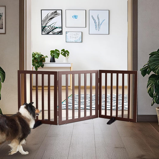 ZJSF Freestanding Indoor Dog Gate for House Foldable Wood Puppy Gate for Doorways Pet Gate for Stairs Extra Wide Pet Fence, Brown, 24" Height 3 Panels
