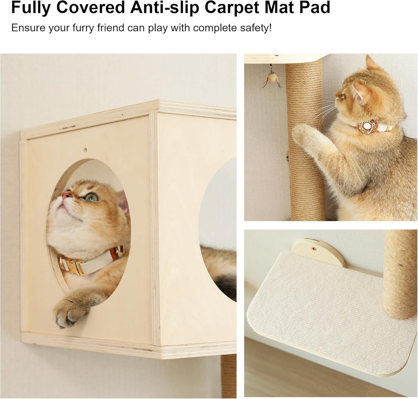 FUKUMARU Cat Wall Shelves, 5-Piece Stable Wooden Wall-Mounted Furniture Set, Kitty Climber with Hammock, House, Steps, Scratching Post (Beige)