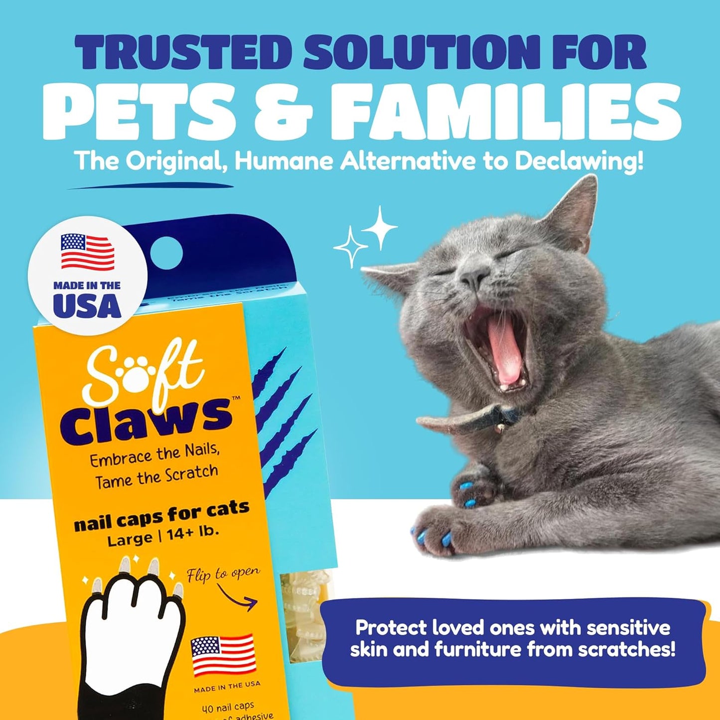 Soft Claws Cat Nail Caps for Large Cats – (Red, Blue & Gold, 40 Caps) - Made in USA - Veterinarian-Developed | Protects Furniture & Skin - Easy to Apply, Long-Lasting Anti-Scratch Soft Cat Claw Covers