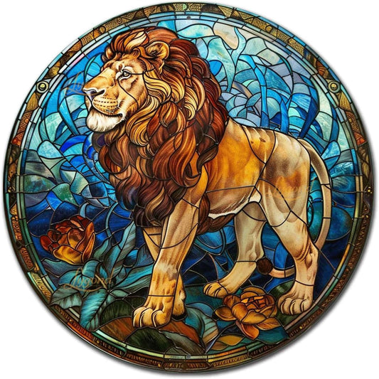 Lygond Metal Sign Tin Sign Circular Stained Glass Lion Garage Sign for Garden 12×12 Inches