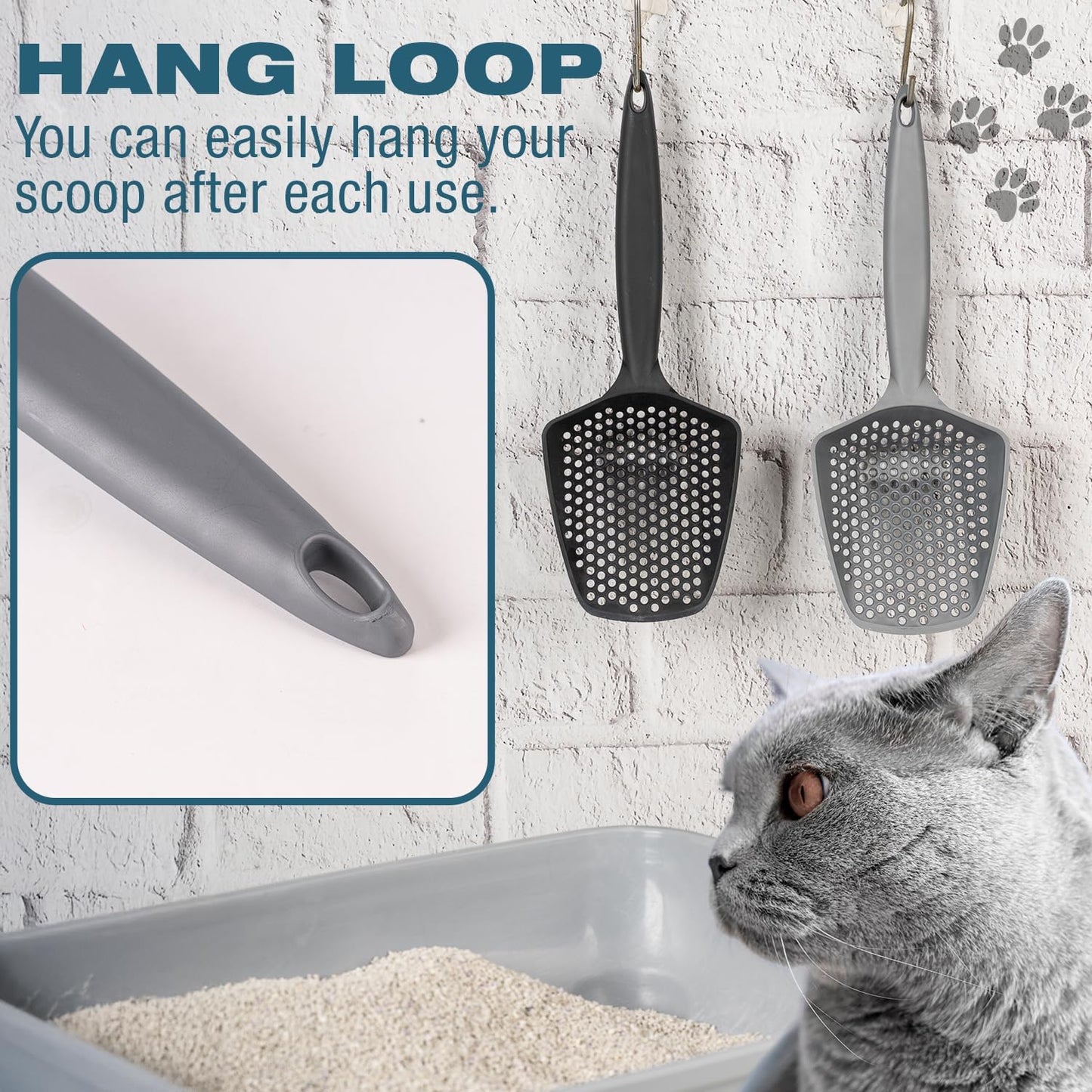 Set of 1 Cat Litter Scoop with Small Holes, Deep Sifting Shovel for Fine Litter, Reptile Terrarium Sand & Rabbit Pooper Lifter, Hanging Handle Poop Scooper (Gray, Set of 1)