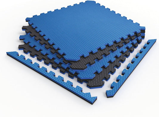Norsk Reversible Gym Exercise Mats 3/4" Thick EVA Interlocking Foam Tiles, Perfect Home Gym Flooring, 36 Tiles & 72 Trim Pieces, 144 Sq. Ft. Reversible, Dazzling Blue/Black
