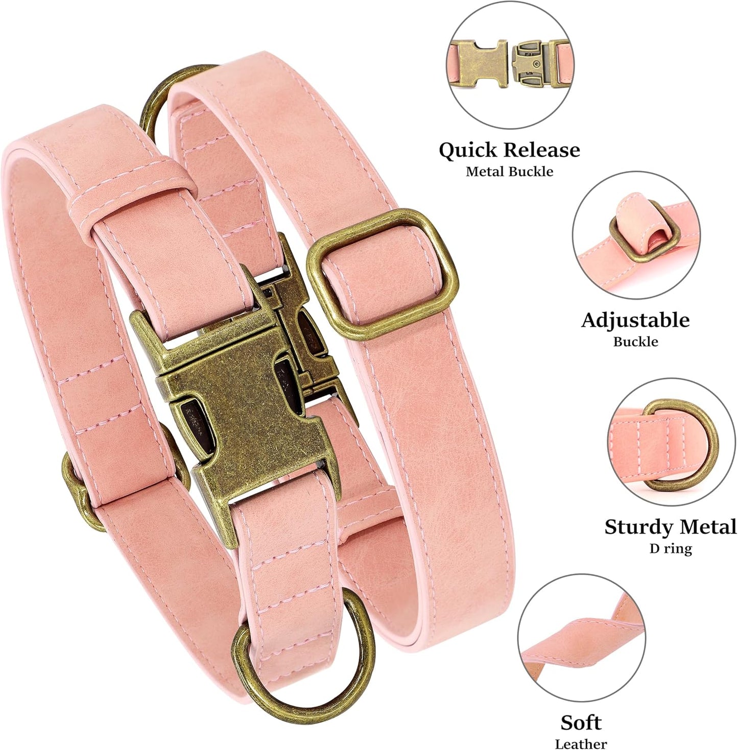 Didog Soft PU Leather Dog Collar, Stylish Quick Released Dog Collars for Medium Dogs, Easy Clean Adjustable Pet Collar for Daily Walking, Pink, M Fit 13-21" Neck