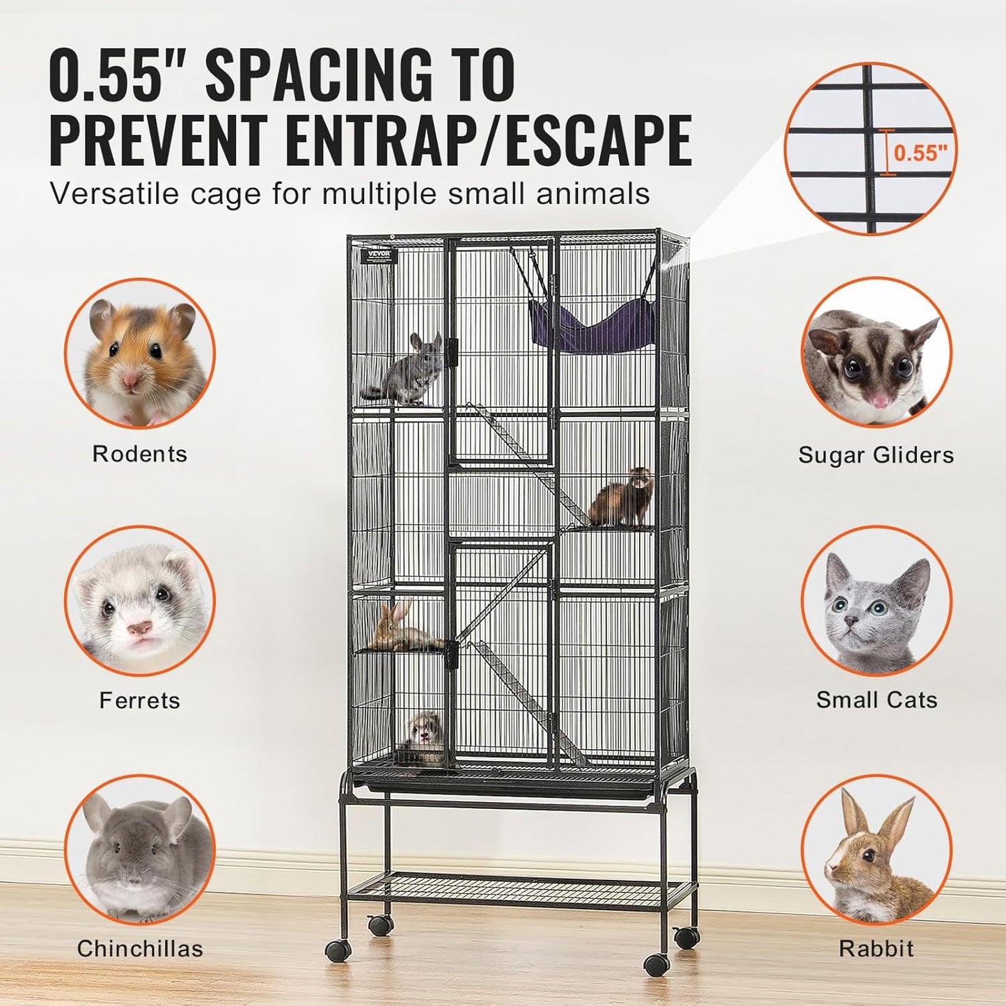 VEVOR 69" Rolling Metal Ferret Cage, Large 4-Tier Critter Nation Cage, Small Animal Cage with Ramps & Tray, Easy to Set up for Pet Mice, Hamster, Guinea Pig, Chinchilla, Squirrel, Hedgehogs, Bunny