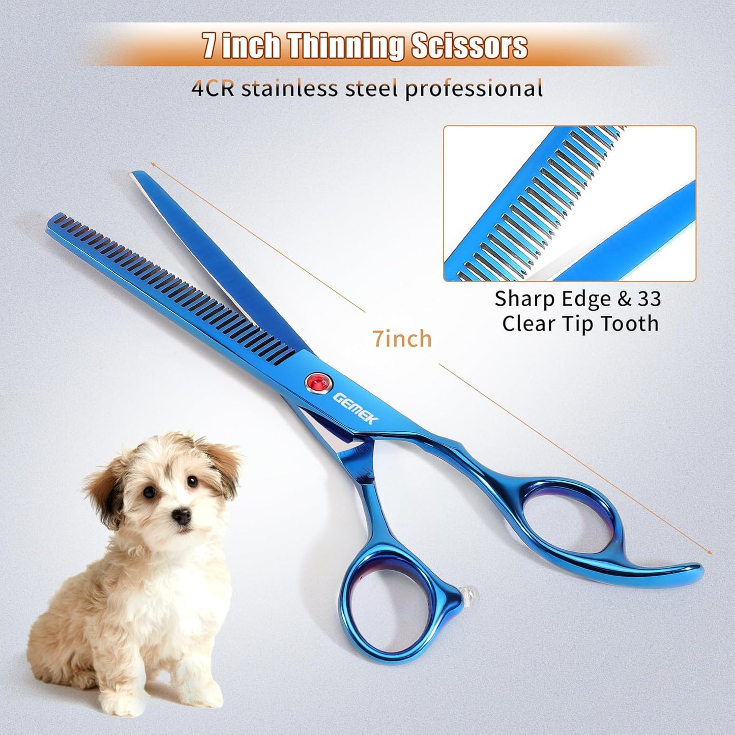 7.0in Titanium Professional Pet Grooming Scissors Set, GEMEK 6 in 1 Straight & Thinning & Upwards Curved & Downwards Curved Scissors & Comb for Dogs, Cats (Blue)