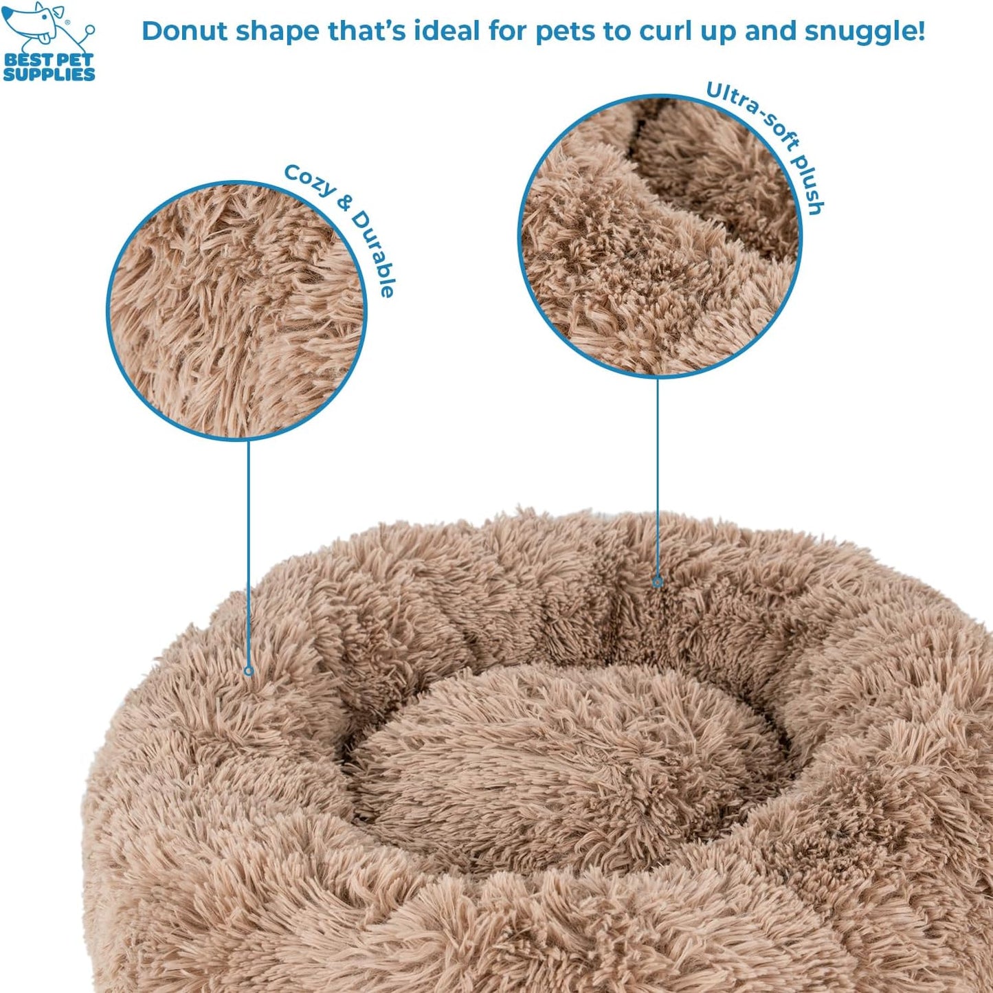 Best Pet Supplies Round Donut Dog Bed with Plush Faux Fur Fabric, Calming, Anti-Anxiety Cushion for Indoor Pets, Slip-Resistant Base, Soft Ergonomic Support - Caramel, 27x27x7.5''