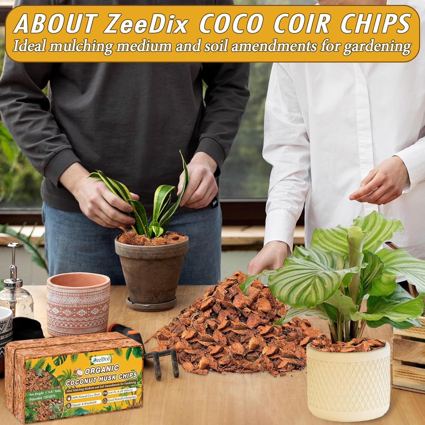 Zeedix 8 Pack Coco Husk Chips for Plants(8.8LB), 100% Organic Coconut Chips Mulch with Low EC & PH Balance, All Purpose for Indoor Plant Flowers Herbs Vegetables, Reptiles Terrarium Tanks Substrate