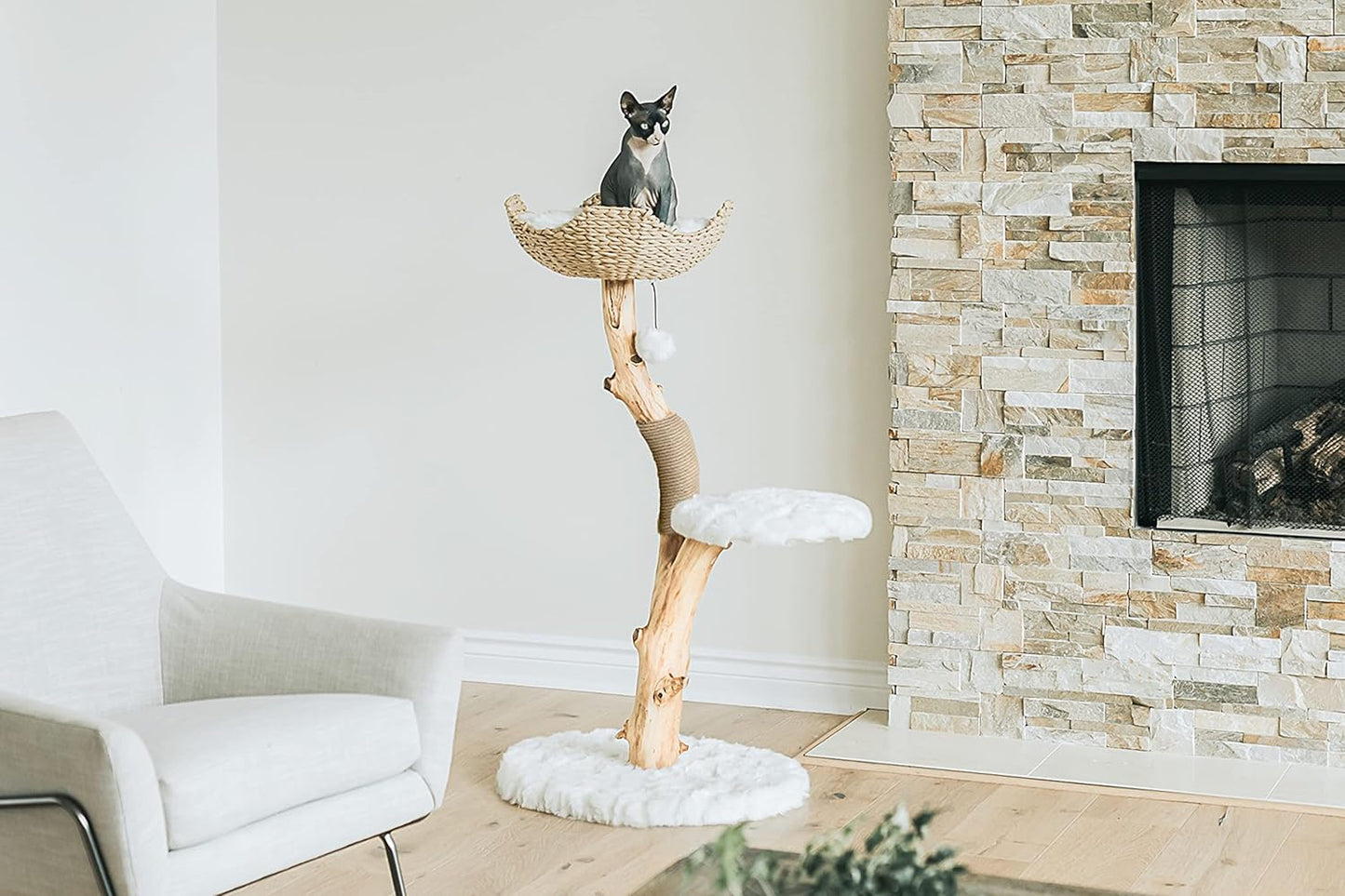 Wooden Cat Climbing Tree Tower, Modern Single Branch Cat Condo, Wood, Cat Lover Furniture Gift by MAU LIFESTYLE (Alpine White)