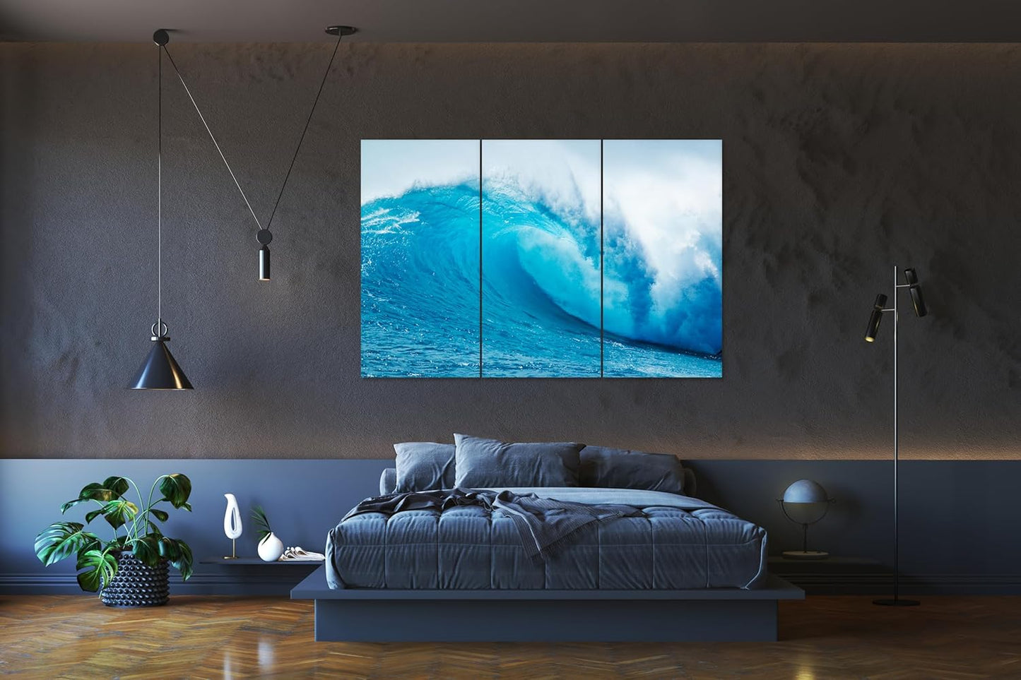 Nature Wall Art Prints - Ocean Forest Mountain Lake Canvas Landscapes - Small to Extra Large Living Room Bedroom Kitchen Bathroom Décor (Blue Ocean Wave, 55L" x 83W"- 3 Panels)