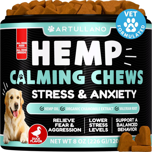 Hemp Calming Chews for Dogs - Dog Calming Chews - Dog Anxiety Relief Treats with Hemp Oil, Turmeric, Valerian, Ginger - Health and Wellness Supplements for Dogs - Hip and Joint Support - 120 Treats