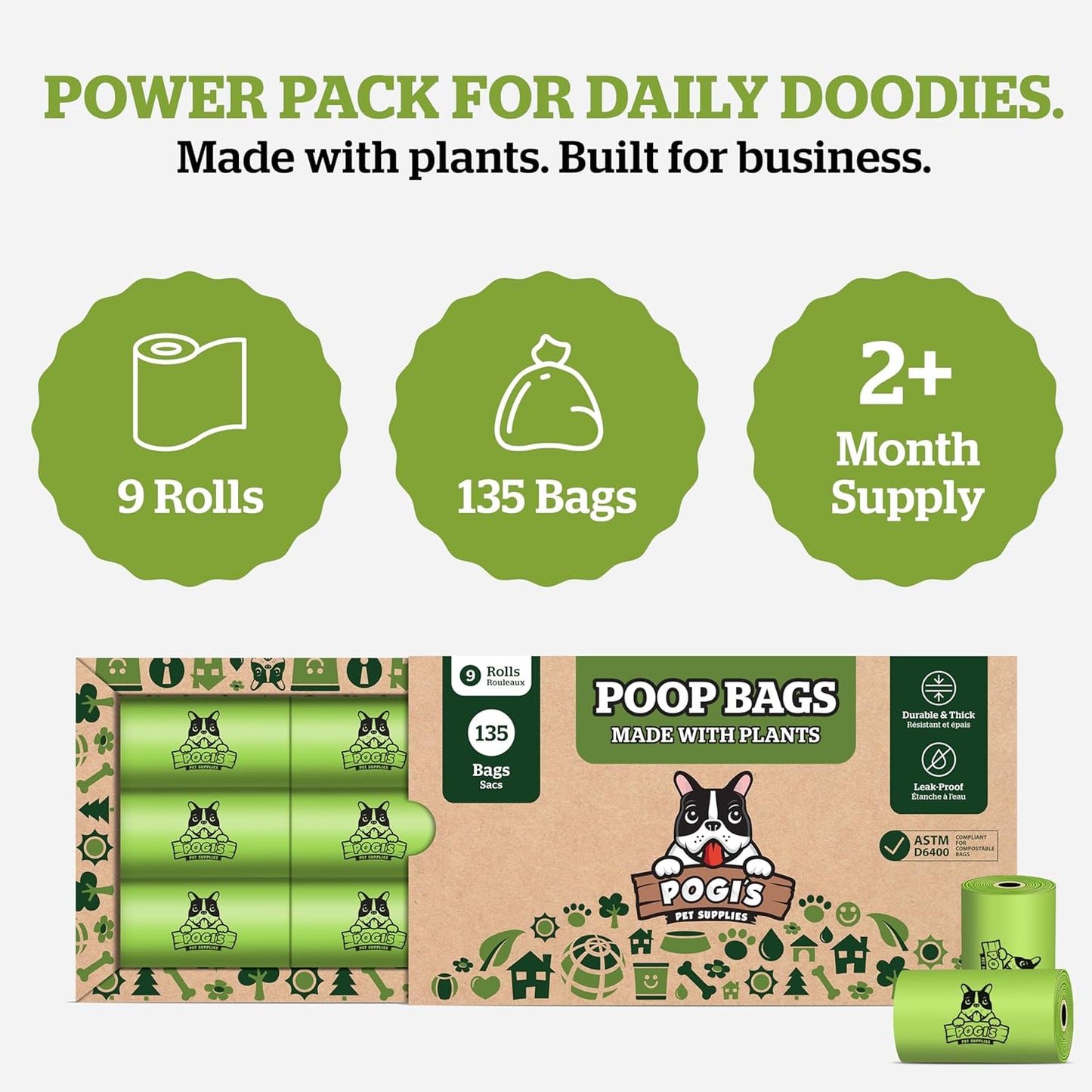 Pogi's Compostable Poop Bags – Leak-Proof, Extra-Large, Made with Plants – 9 Rolls (135 Bags)