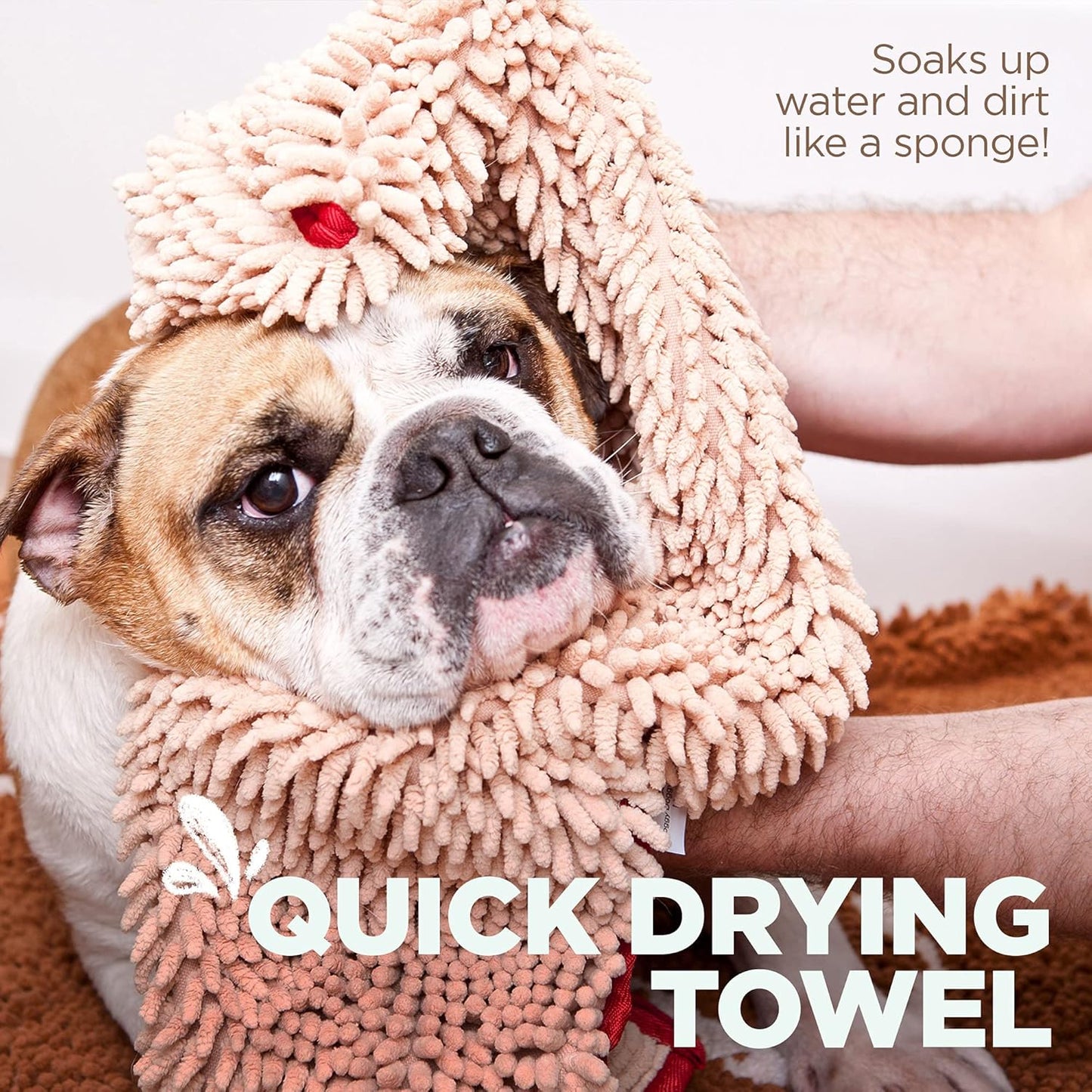 Soggy Doggy Super Shammy Dog Towel - Microfiber Chenille Towel for Drying Dogs and Cleaning Paws - Fast Drying with Hand Pockets for Ease (Beige/Red Trim, 31” x 14”)