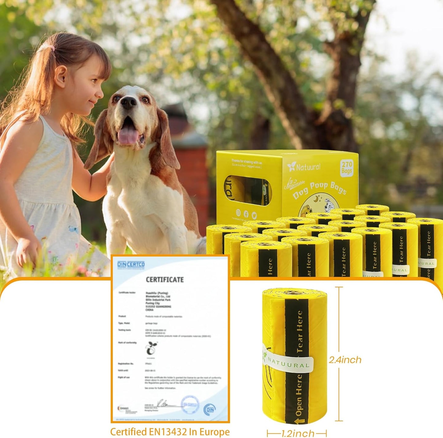 Certified Compostable Dog Poop Bags-270 Bags 18Rolls, Poop Bags for Dogs Made of Cornstarch - ASTM D6400 By USA, Leakproof Easy Open, Unscented Dog Waste Bags (Yellow)