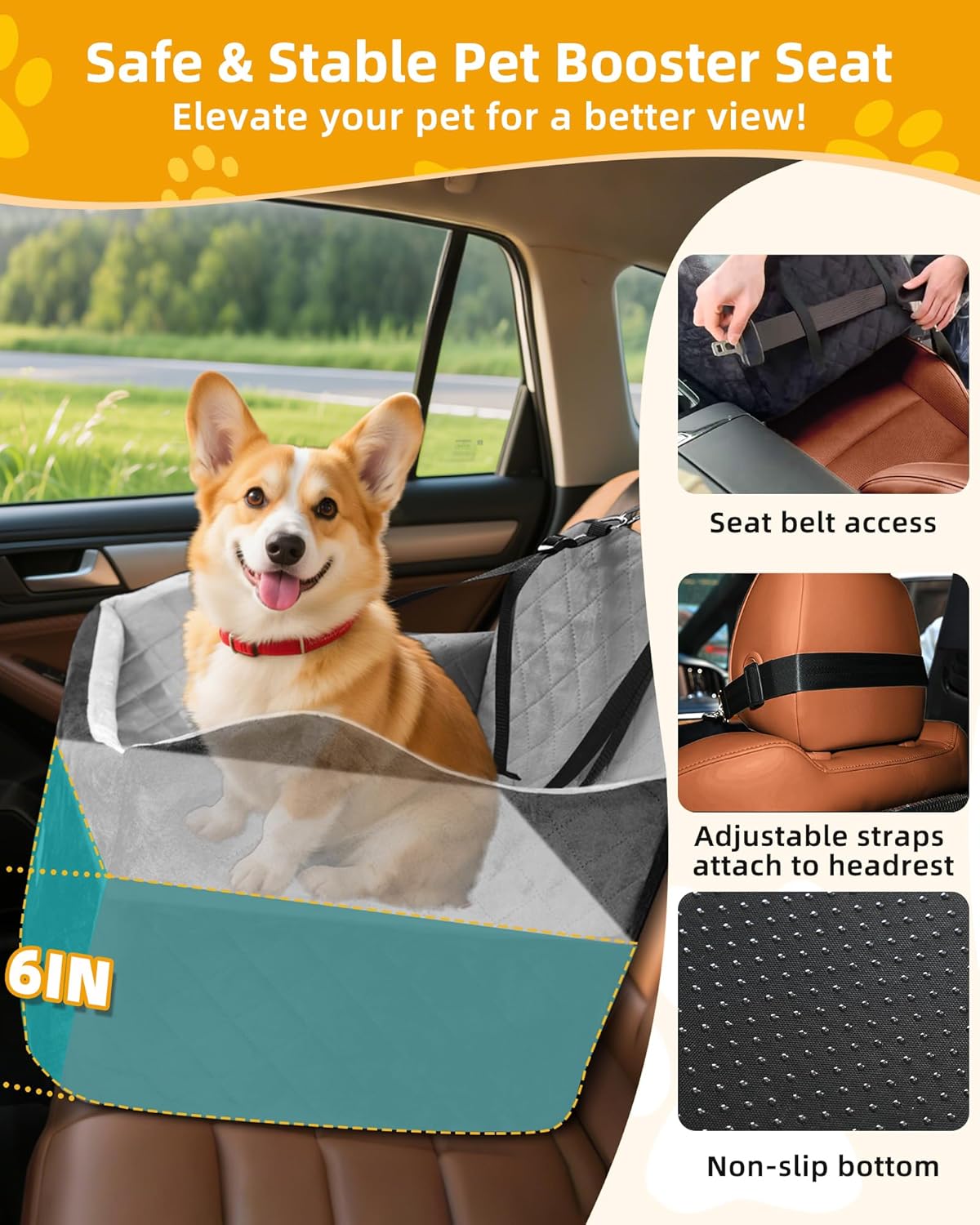 Car Seat Booster for Dog: High-Support Memory Foam Pet Car Seat for Small/Medium Dogs Under 35lbs with Elevated Cushion, Pockets - Detachable Washable Puppy Travel Bed for Driving(Black/Grey)