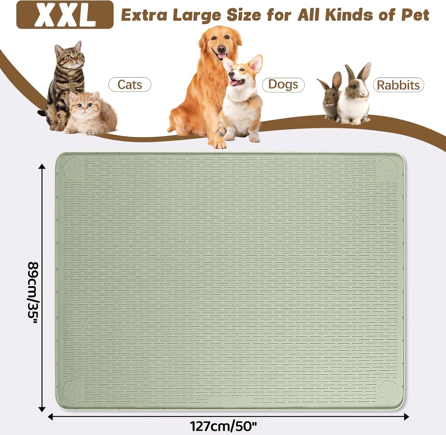 Cat Food Mat, 50" x 35" Extra Large Silicone Pet Feeding Mat with Raised Edge Pet Placemat for Food and Water Bowl Non-Slip, Easy to Clean, Floor Protection (Green)