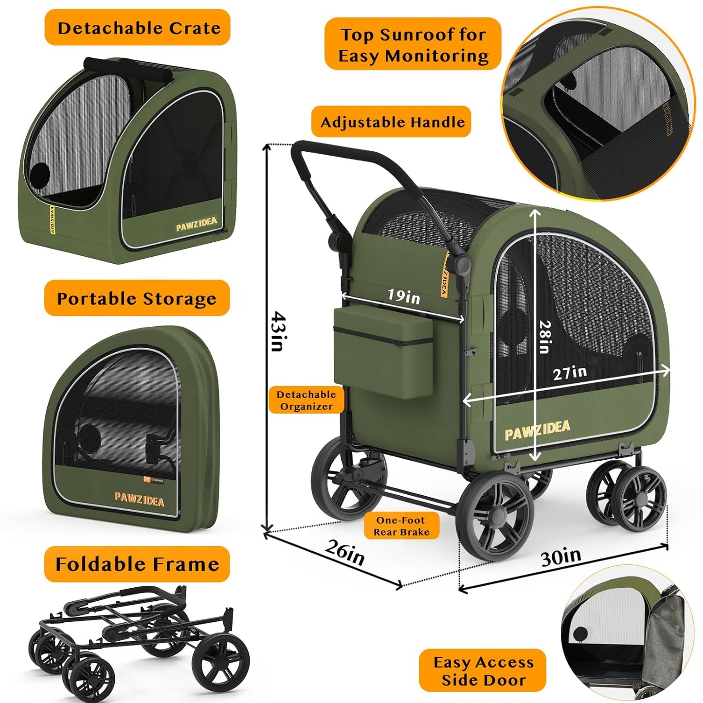 PAWZIDEA Dog Stroller for Large Dogs, Collapsible Pet Stroller with Detachable Carrier, Portable Dog Crate for Car Seat, Adjustable Handle, All-Terrain 9” Wheels, Ideal for Travel & Outdoor Adventures
