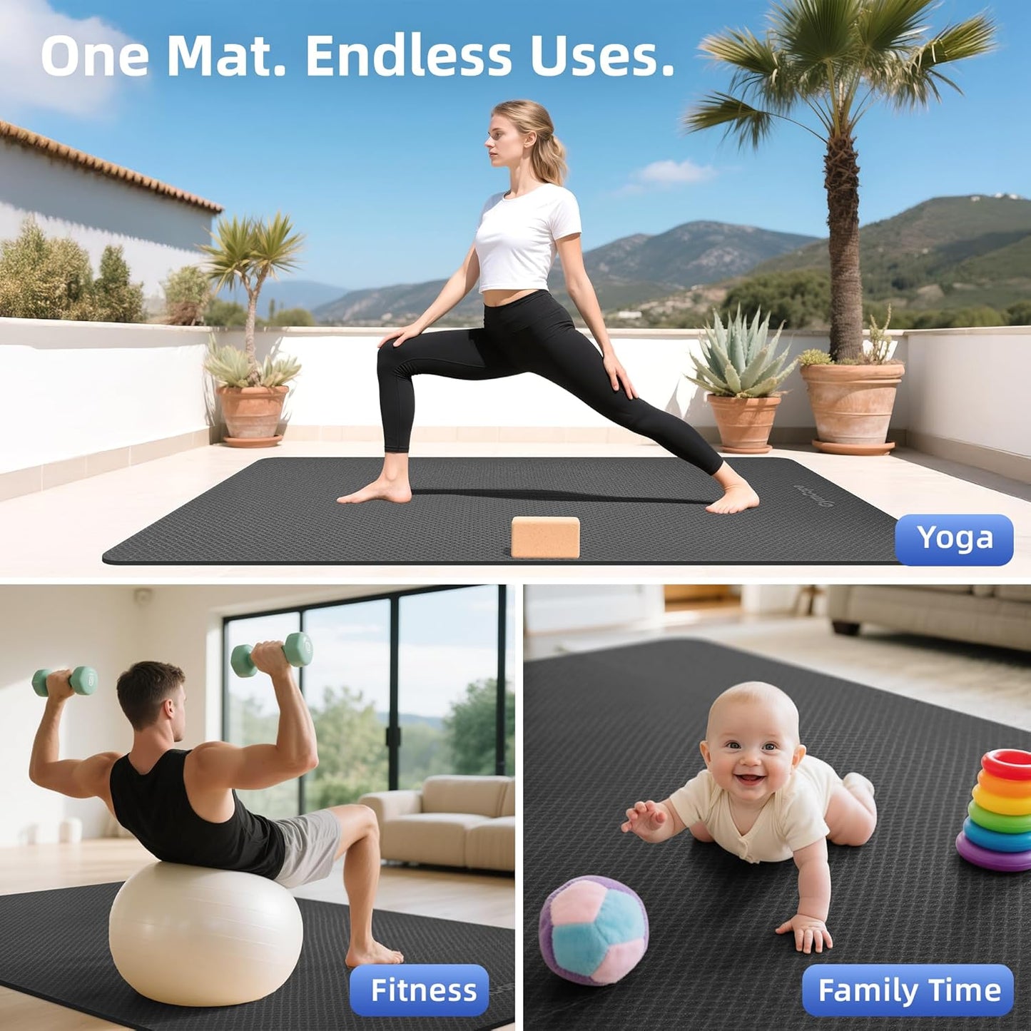 Extra Large Yoga Mat - 72"x35", 72"x48", 78"x57" - Wide TPE Exercise Mat for Home, Stretching, Couples & Family Workouts - 6-12mm Thick, Non-Slip & Waterproof - with Carry Bag and Straps