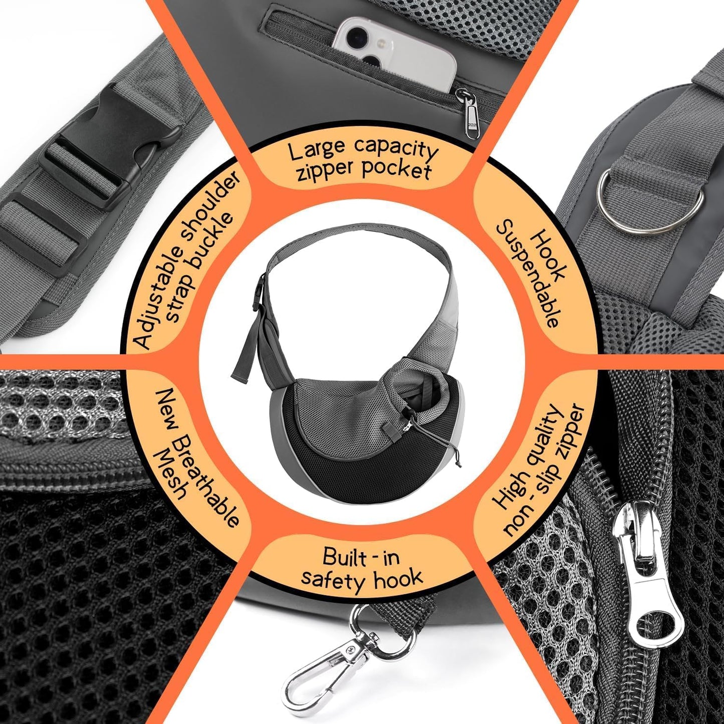 YUDODO Pet Sling Carrier for Small Dogs & Cats – Hands-Free Puppy Carrier with Safety Hook, Large Zipper Pocket, Soft Breathable Mesh, Adjustable Strap & Reflective Strip (Black 1.0 M)