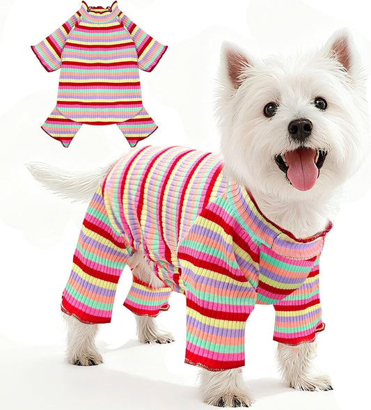 BAEJMJK Striped Dog Pajamas Stretchy Cute Four-Legged Boy Girl Dog Clothes with Sleeves Comfortable Dogs Jumpsuit Colorful Pet Puppy Outfits Apparel for Small Medium Dogs Cats(Red,XX-Large)