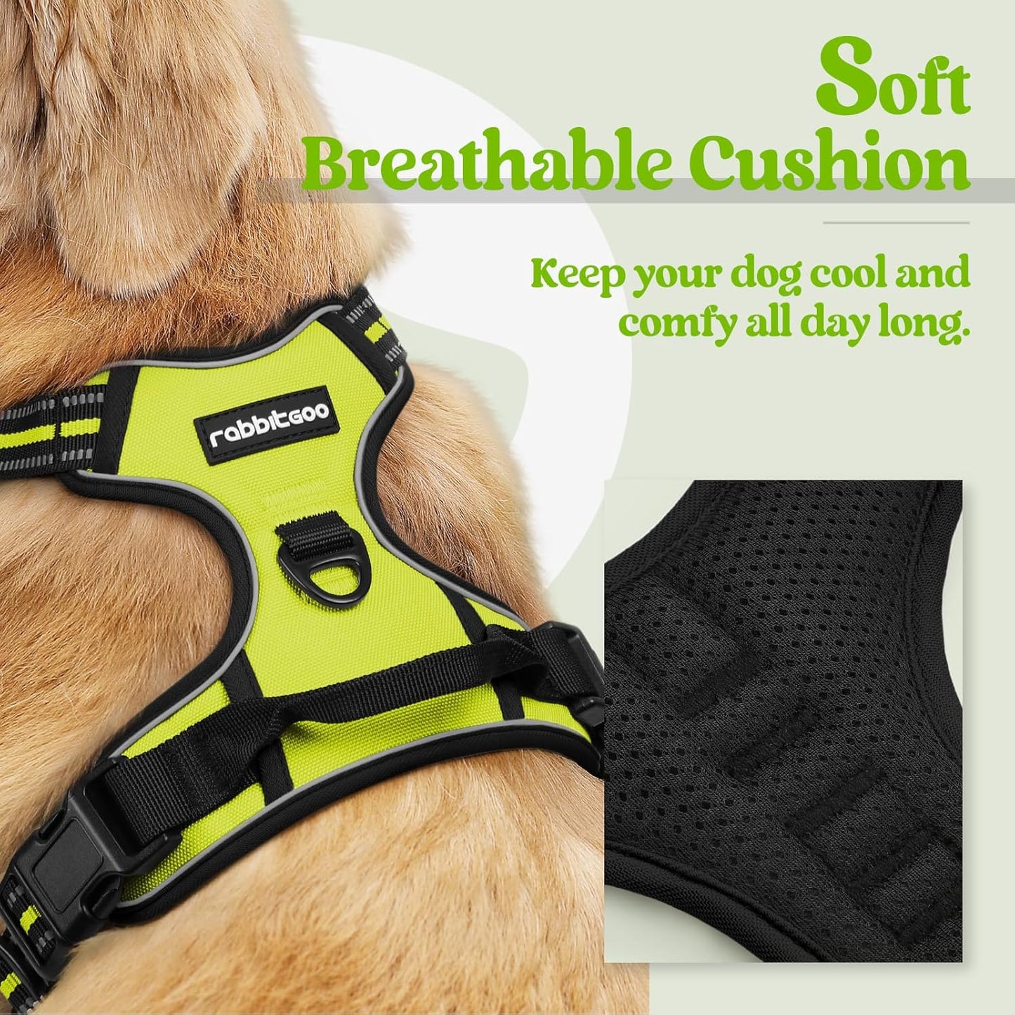 rabbitgoo Dog Harness No Pull with 2 Leash Clips, Adjustable Soft Padded, Reflective Oxford No Choke Pet Vest with Easy Control Handle for Medium Sized Dogs, Green, M