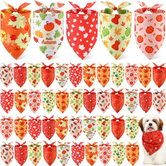 Weewooday 50 Pcs Fall Dog Bandanas Bulk Pumpkin Maple Leaves Thanksgiving Autumn Bandanas for Bibs Adjustable Scarf for Small Medium Large Pet Cat Costume(Leaves Pattern, 19.7 x 13.8 x 13.8 Inch)