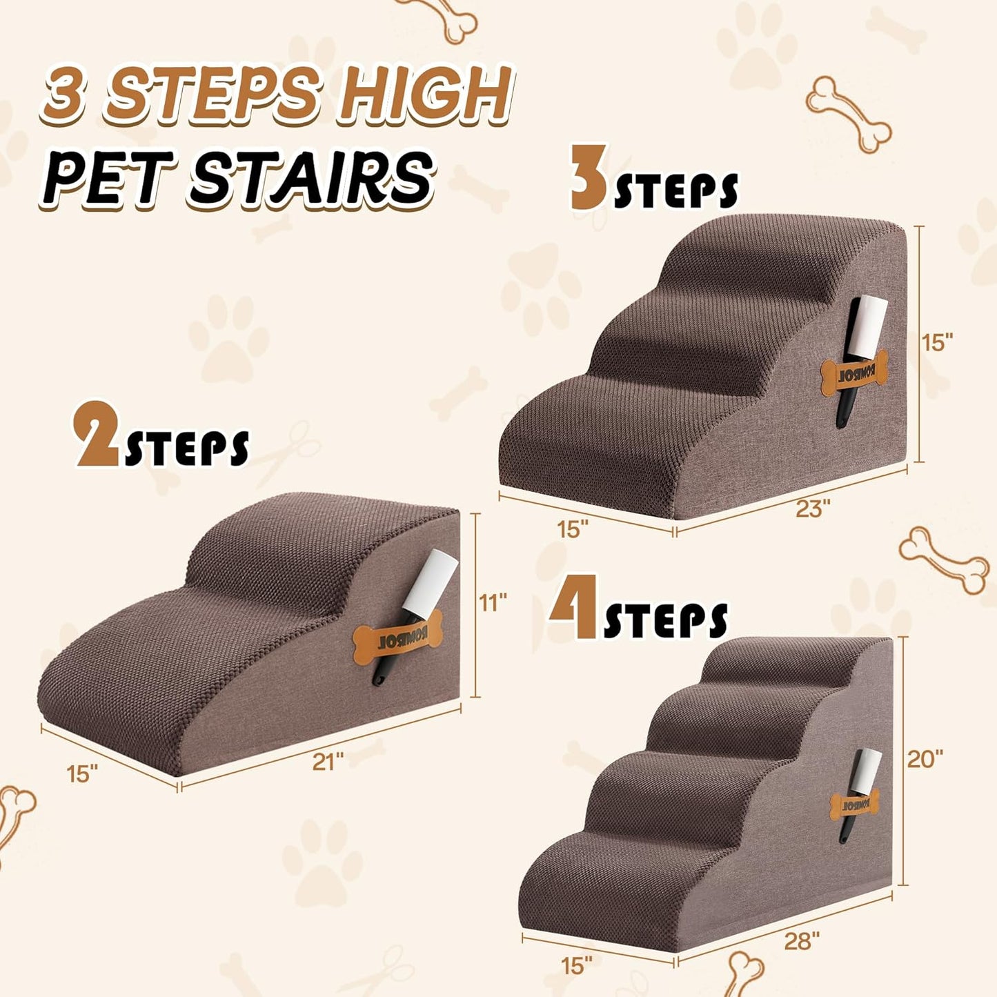 ROMROL Dog Stairs, Romrol Dog Steps Ramp for High Bed and Couch, Dog Ramp with Durable Non-Slip Waterproof Fabric Cover, Pet Stairs for Small Dogs and Cats or Pets Joints, 4-Tiers,Coffee