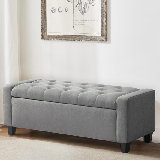 Ottoman with Storage, 48.8" Fabric Storage Ottoman Bench with Hinge, Bedroom Bench, Upholstered Benches with Seating for Living Room, Entryway (Grey)