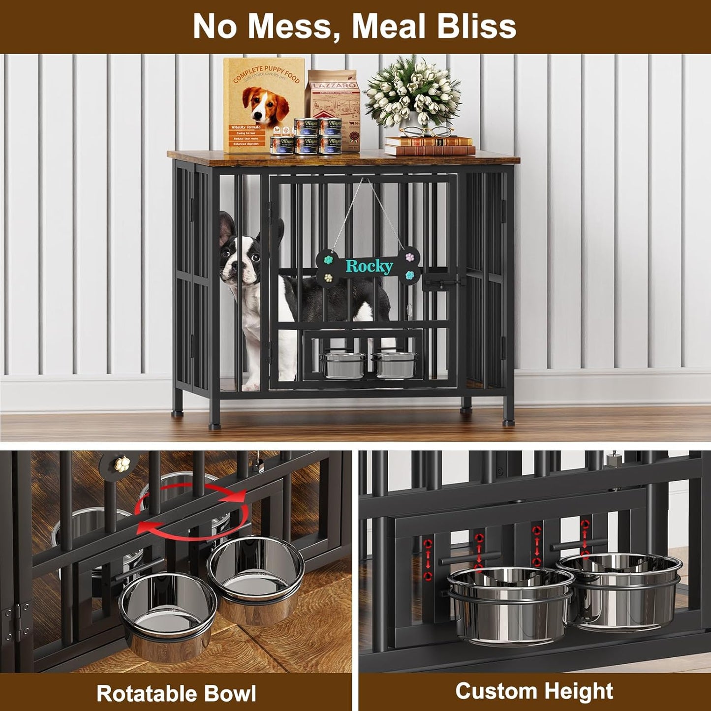 Easycom 31" Dog Crate Furniture Foldable, No Assembly Decorative Dog Kennel Indoor, Dog Crates for Small Dogs (20-40 lbs), Wooden Dog Cage with Adjustable Bowls and Name Tag, End Table, Rustic Brown