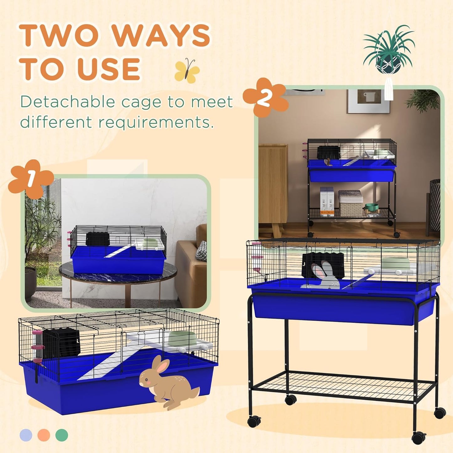 PawHut Two-Story Small Animal Cage Removable from Stand, Guinea Pig Cage with Shelf & Wheels, Pet Habitat for Hedgehog, Chinchilla, Ferret, 33" x 18.5" x 35", Blue