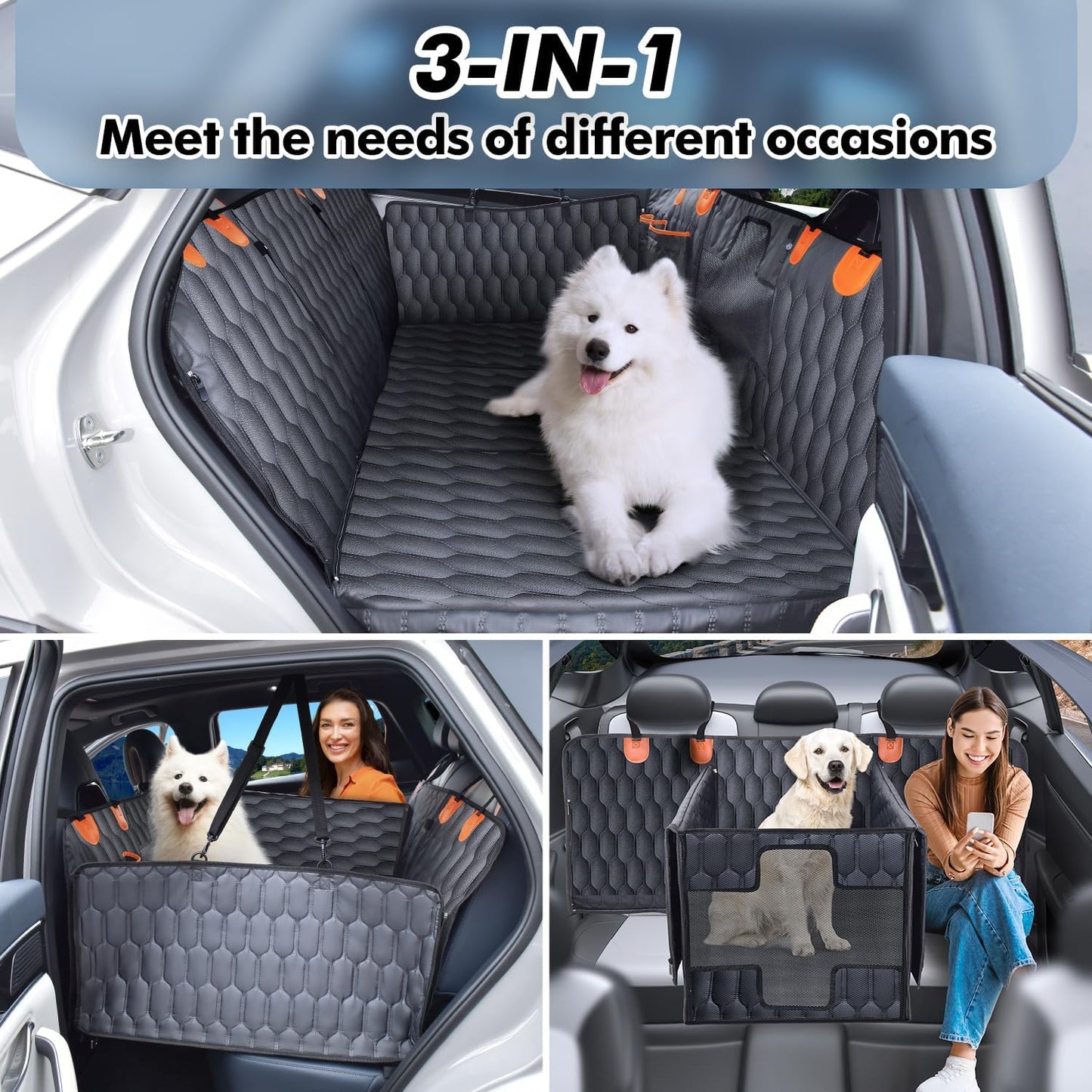 3-in-1 Convertible PU Leather Dog Car Seat Extender & Booster Seat – 400lb Capacity, Waterproof, Hard Bottom, Scratch-Proof Hammock for Cars & SUVs-L