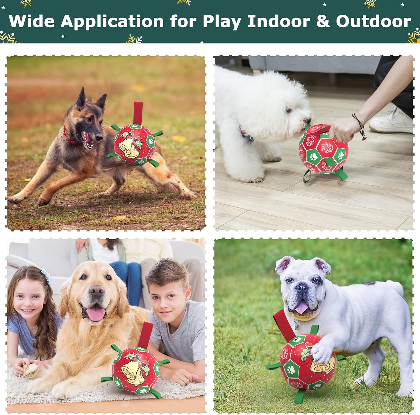 QDAN Christmas Dog Soccer Balls with Straps, Interactive Toys for Tug of War, Puppy Birthday Gifts, Durable Balls for Medium Large Dogs (8 Inch)