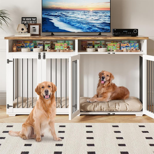 63'' Dog Crate Furniture for 2 Dogs, Wooden Dog Cage with Storage Compartment, Indoor Dog Kennel with 4 Doors for Large/Medium Dogs, White
