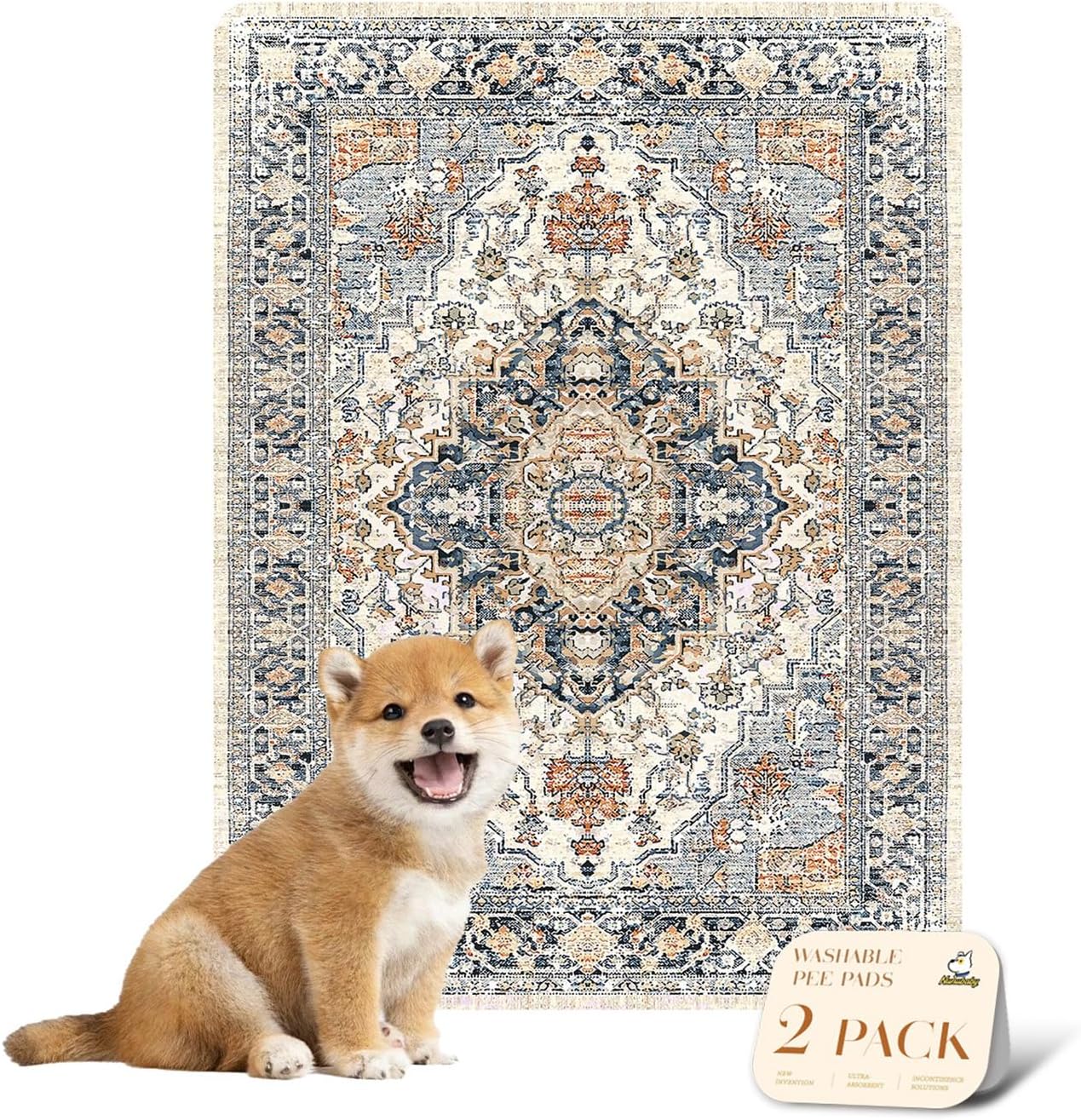 nunubaby Reusable Potty Pads for Dogs for Crates and Floors. Washable Pee Pads for Dogs, Stylish, Non-Slip and Leak-Proof Pee Pads. (Beige/Multi, 18" x24")