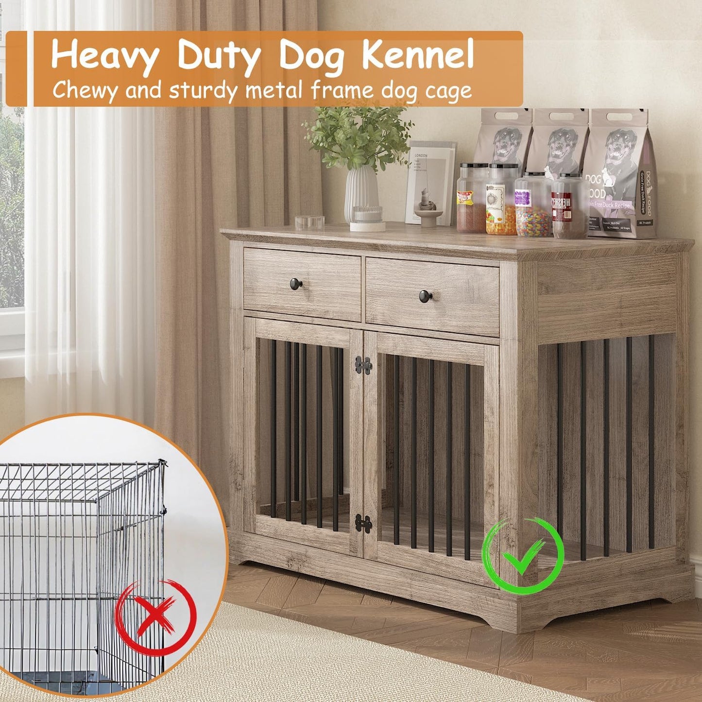 Dog Crate Furniture, 44 Inch Wooden Dog Kennel Indoor with 2 Storage Drawers, Heavy Duty Large Crate Furniture, Decorative End Table Cage Furniture for Small/Medium/Large (Grey)