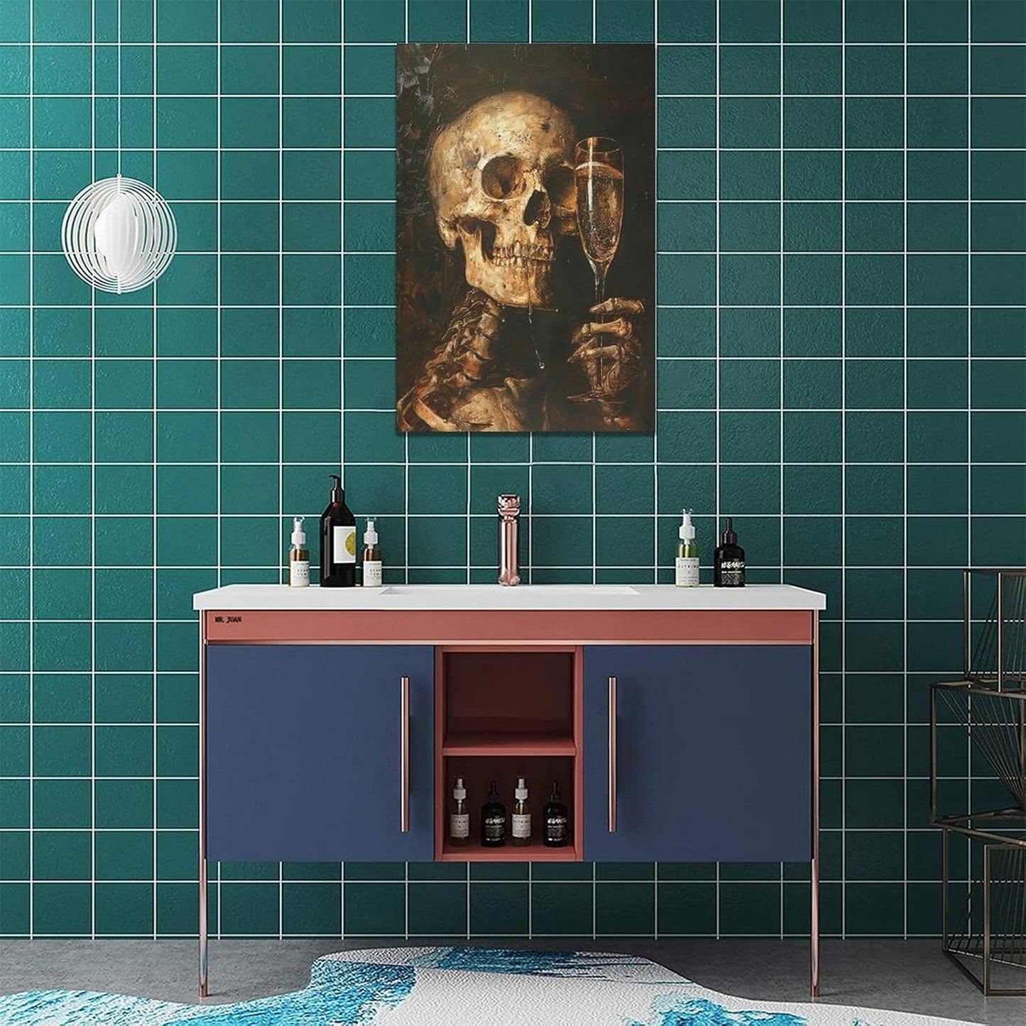 Quorin Gothic Skeleton Wall Art Goth Skull Champagne Wall Decor Dark Academia Pictures Horror Canvas Print Painting Artwork for Bathroom Living Room Bedroom 16"x24"