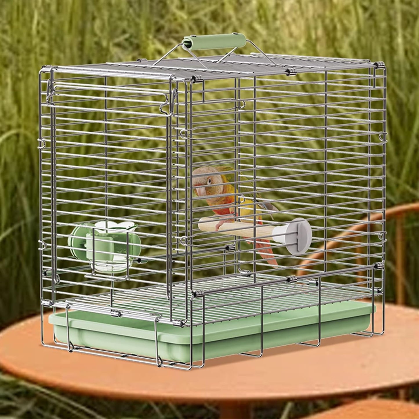 Bird Carrier Travel Cage - 304 Stainless Steel Portable Folding Bird Travel Cage with Parrot Feeder Cups & Standing Perch for Smaller Birds Conures Lovebird Cockatiel Parakeets (Green)